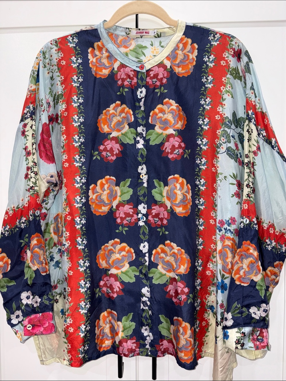 Johnny Was Navy Floral Button-Down Long Sleeve Top with Red Accents